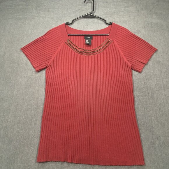RQT Ribbed Maroon Knit Short Sleeve Top With Chain Neckline Accent Womens XL - Picture 1 of 10